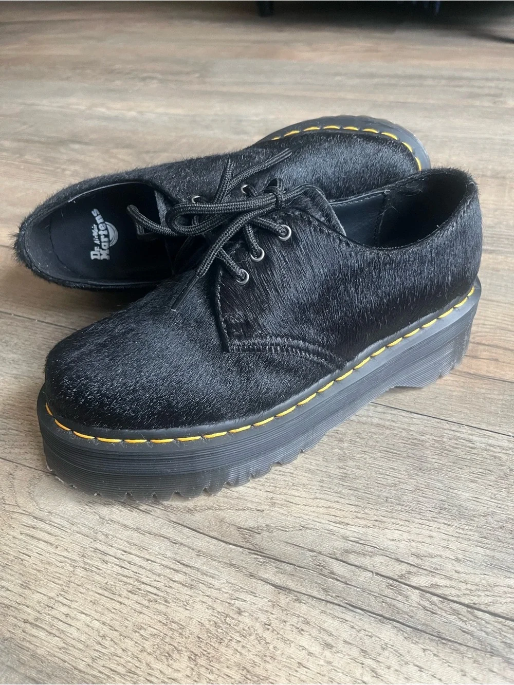 Dr. Martens Black Faux-Hair Platform 3-Eye Oxford with Yellow Stitching